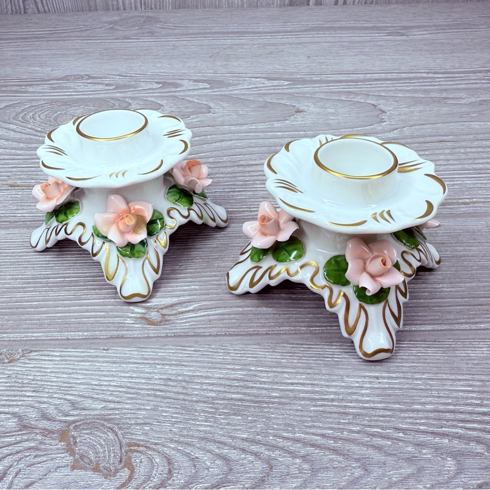 German Vintage Rose Porcelain 2 Candle Holders by AK Kaiser Classic Gold Accents